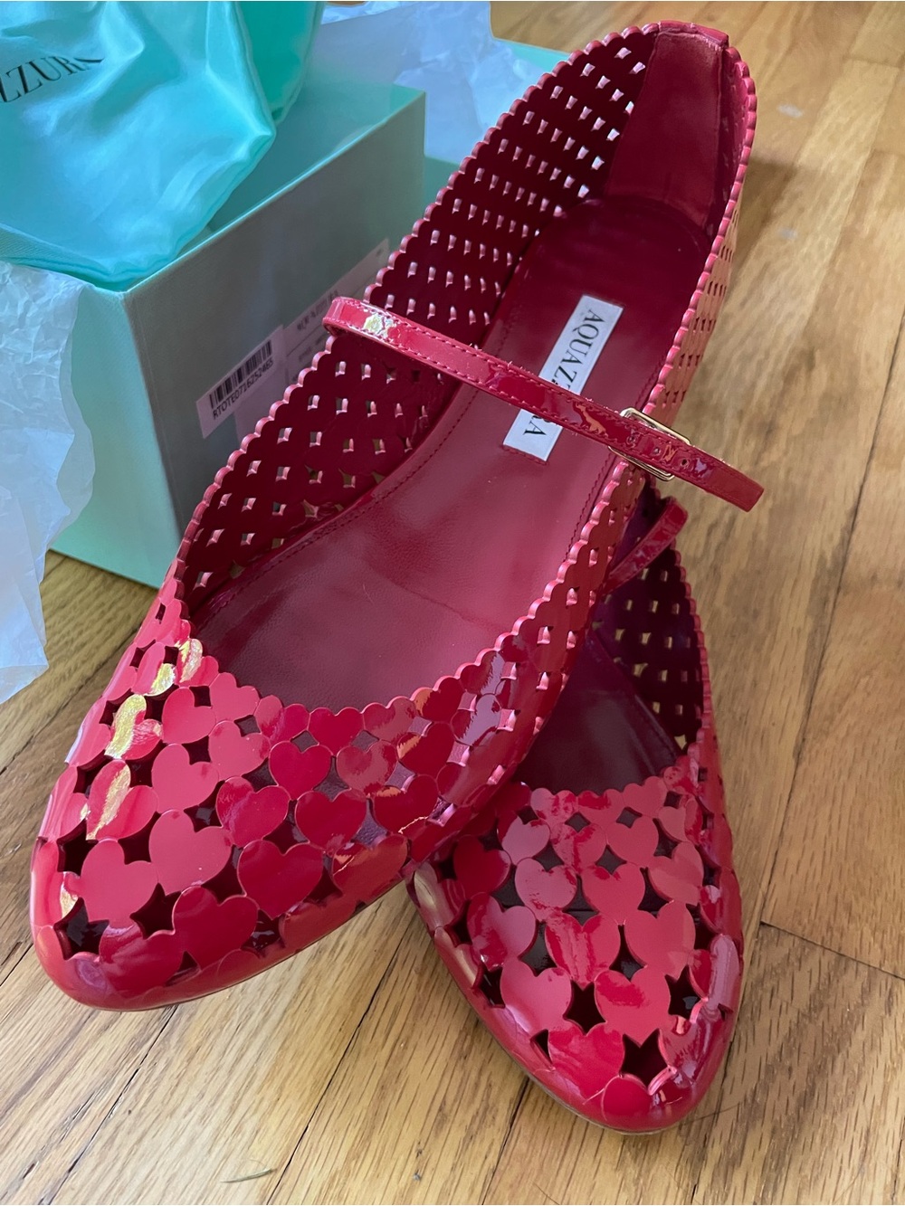 Aquazzura Amourose Red Patent Mary Jane Flats with Heart Motif